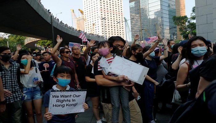 People hold signs and attend a rally to the US Consulate General in Hong Kong China, September 8, 2019 Reuters