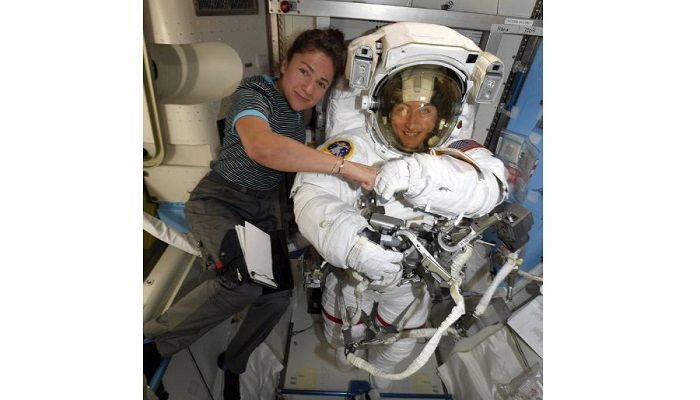 In this image released Friday, Oct. 4, 2019, by NASA, astronauts Christina Koch, right, and, Jessica Meir pose on the International Space Station. Photo: AP