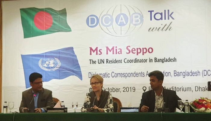 United Nations Resident Coordinator (UNRC) Mia Seppo speaks at a programme - DCAB Talk - at BIISS auditorium in Dhaka on Wednesday, Oct 9, 2019. Photo: Courtesy