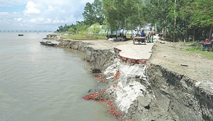Part of Beltia village in Tangail’s Kalihati upazila is being devoured by the Jamuna on Thursday, a day after erosion hit the area, about two kilometres off the eastern end of Bangabandhu Bridge. Locals said sand lifting from the river by some influential people was one of the main reasons for the erosion. Photo: Collected