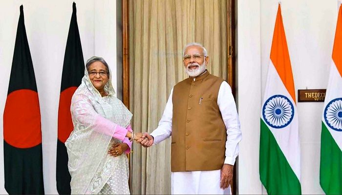 Prime Minister Sheikh Hasina shakes hand with her Indian counterpart Narendra Modi as she meets him for discussing bilateral relations in India’s New Delhi on October 5, 2019. Image taken from Raveesh Kumar’s Twitter account (@MEAIndia)