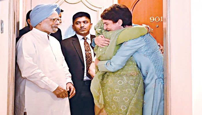 Prime Minister Sheikh Hasina sharing a hug with Indian National Congress General Secretary Priyanka Gandhi. Photo: Priyanka Gandhi’s Twitter handle