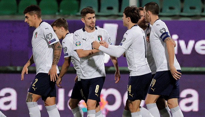 Italy players celebrate one of their nine goals against Armenia in their final Euro 2020 qualifying fixture in Palermo on Monday. Photo: Reuters