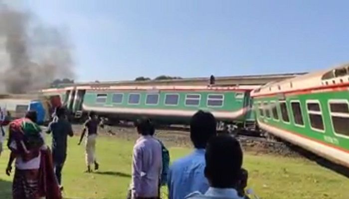 This screengrab from a Facebook video shows bogies of Rangpur Express train have derailed and caught fire in Ullapara of Sirajganj on Thursday, November 14, 2019