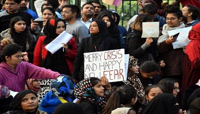 Students protest against Citizenship Amendment Act 2019 at Jamia Milia University, in New Delhi on December 21, 2019. Photo Credit: Collected