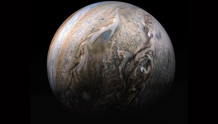 Up in the clouds: Nasa's Juno spacecraft has been sending back stunning images of Jupiter's clouds since it arrived in orbit around the giant planet in 2016. This amazing, colour-enhanced view shows patterns that look like they were created by paper marbling. The picture was compiled from four separate images taken by the spacecraft on 29 May.