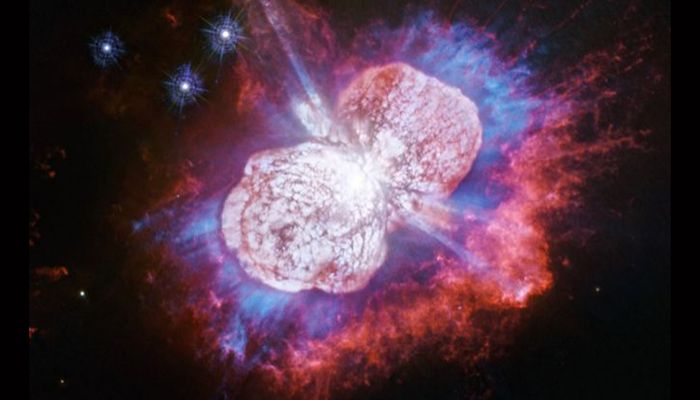 Stellar fireworks: Eta Carinae is a star system located around 7,500 light-years away. It consists of at least two stars that, combined, emit about five million times more energy than our Sun. One of the stars has been releasing hot gas that has expanded into a pair of ballooning lobes. For decades, astronomers have wondered whether it is on the brink of destruction, and will erupt in a violent supernova. This latest image of the stellar fireworks display was released this year, and was taken by the Wide Field Camera 3 on the Hubble Space Telescope.