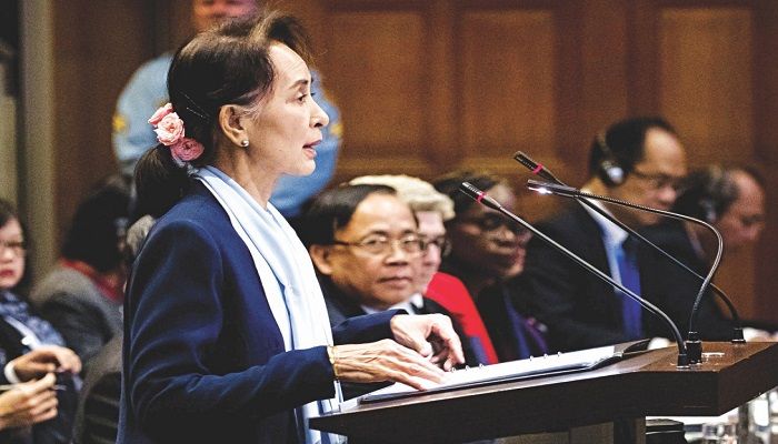 Myanmar’s leader Aung San Suu Kyi speaks on the second day of hearings in a case filed by Gambia against Myanmar alleging genocide against the minority Rohingya population at the International Court of Justice in The Hague yesterday. Photo: AFP