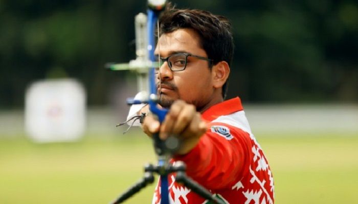 Bangladesh's best recurve archer Ruman Sana concentrates on the target in training. Photo: Collected