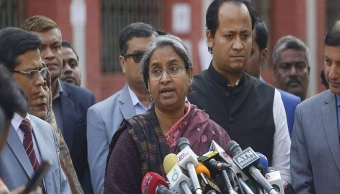 Education Minister Dipu Moni is addressing media after inspecting the exam center at Tejgaon Government Girls’ School in Dhaka on Monday (Feb 3) morning. Photo: Collected