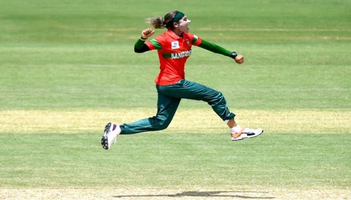 Bangladesh pacer Jahanara Alam jumps in celebration after taking a wicket against Pakistan in the Women's T20 World Cup warm-up match in Brisbane on Thursday. Photo: Collected from ICC.