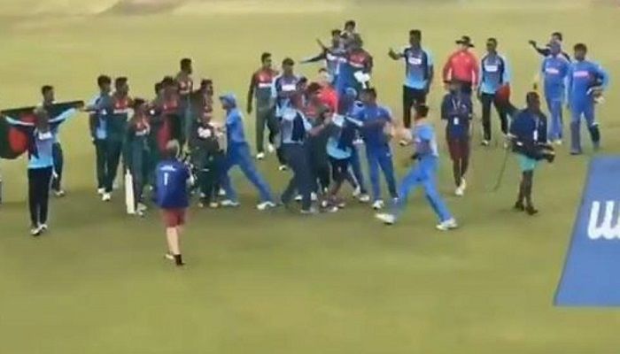 An altercation breaks out between the Bangladesh and India players following the U-19 World Cup final in Potchefstroom Sunday. Photo: Collected