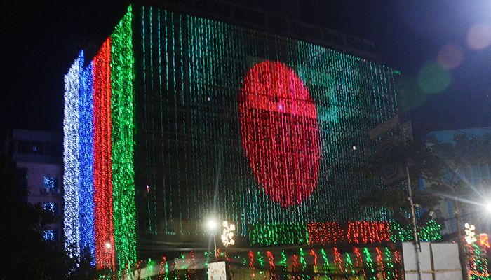 On the occasion of the Mujib Year, various public-private establishments, offices, courts, buildings, various roads and highways have been illuminated with colorful lightings. Photo taken on Sunday night.