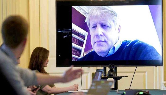 Britain's Prime Minister Boris Johnson chairs the morning Covid-19 Meeting remotely after self isolating after testing positive for the coronavirus, at 10 Downing Street, London. Photo: Collected from AP
