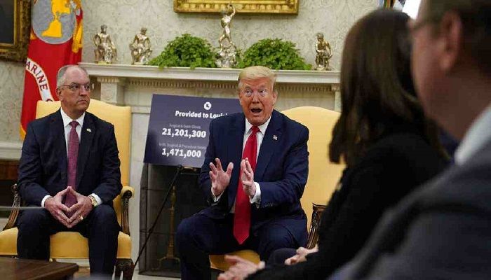 President Donald Trump speaks during a meeting about the coronavirus with Louisiana Gov. John Bel Edwards, left, in the Oval Office of the White House, Wednesday, April 29, 2020, in Washington. Photo: Collected from AP