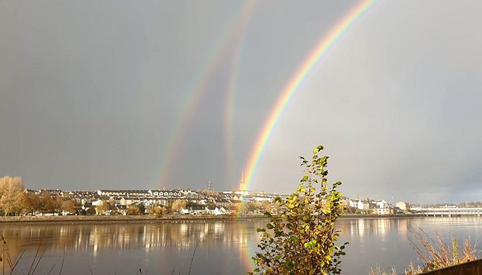 A rare triple rainbow is seen by the River Foyle looking towards Londonderry. Photo by Weather Watcher Scruffy.