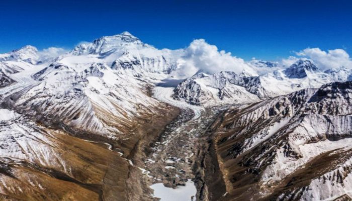 A view from Everest North Base Camp shows the Rongbuk glaciers and the approach toward the mountain's summit.