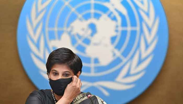 UN Human Rights Council president Nazhat Shameem Khan adjusts her facemask at the opening of a UN Human Rights Council emergency meeting on occupied Palestinian territory including East Jerusalem in Geneva on May 27, 2021 || Photo: AFP  