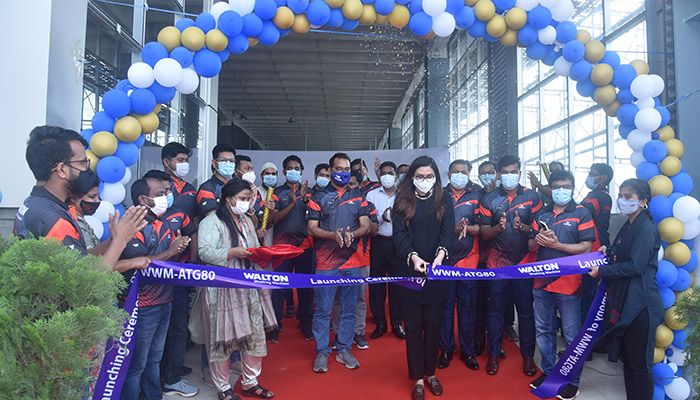 Walton Hi-Tech Industries Limited (WHIL) Director Tahmina Afrose Tanna inaugurated the new production line at Walton Hi-Tech Park in Chandra, Gazipur. || Photo: Collected 