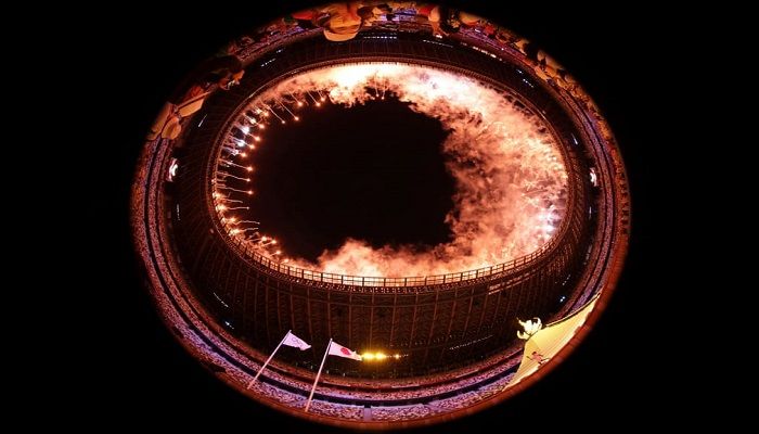 (Tokyo, Japan) A view of the Olympic Stadium after Japan’s Naomi Osaka lit the cauldron during the opening ceremony. (Photograph: Hannah McKay/Reuters)