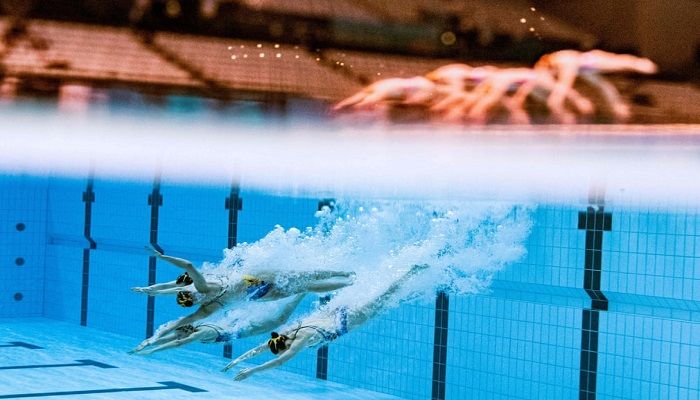 (Tokyo, Japan) The Russian Olympic Committee team compete in the free routine artistic swimming event during the 2020 Olympic Games. (Photograph: François-Xavier Marit/AFP/Getty Images)
