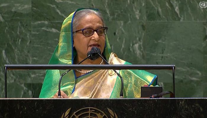 Prime Minister Sheikh Hasina addresses the 76th session of the United Nations General Assembly at UN headquarters in New York on Friday, September 24, 2021. || BSS Photo: Collected
