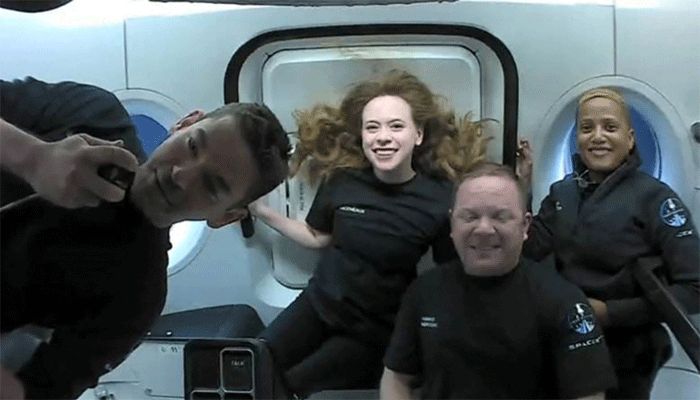 This September 16, 2021, image courtesy of Inspiration4 shows the Inspiration4 crew (L-R) Jared Isaacman, Hayley Arceneaux, Christopher Sembroski and Sian Proctor in orbit. || AFP Photo: Collected