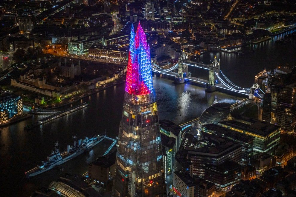 15th December 2021 || Night aerial view of the Shard illuminations over London || Jason Hawkes