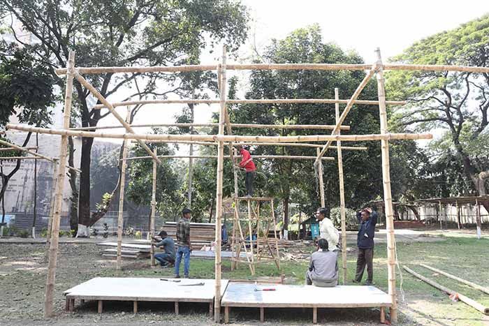 The book fair premises is pulsating with the thumping sound of hammer and nail. The Bangla Academy premises and Suhrawardy Udyan are organizing the fair through non-stop work day and night.