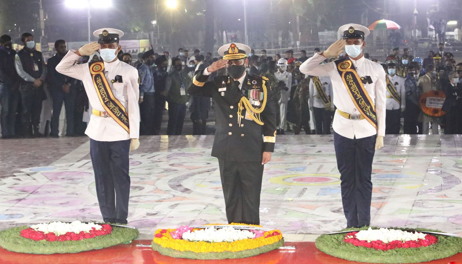 On behalf of Jatiya Sangsad (JS) Speaker Dr Shirin Sharmin
Chaudhury, sergeant-at-arms of the Parliament Secretariat and on
behalf of JS Deputy Speaker Fazle Rabbi Miah, assistant
sergeant-at-arms; on behalf of Chief of Army Staff General SM
Shafiuddin Ahmed, senior army officials, Chief of Naval Staff Admiral
M Shaheen Iqbal and Chief of Air Staff Air Chief Marshal Shaikh Abdul
Hannan placed wreaths at the Central Shaheed Minar.