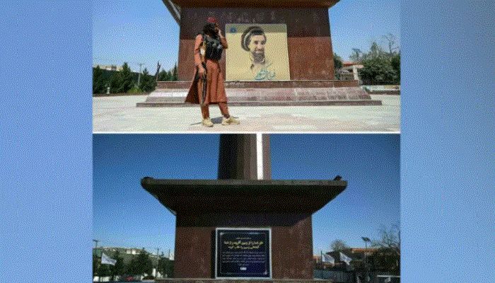 A Taliban fighter (top) standing next to a poster bearing the image of late Afghan commander Ahmad Shah Massoud in Kabul on August 16, 2021; and (bottom) the same view with the poster removed on January 23, 2022 || AFP Photo: Collected  