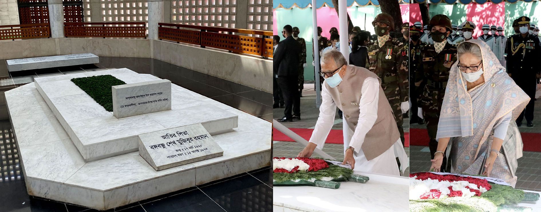The president and the premier in person paid their homage by placing wreaths at the mazar (mausoleum) of Bangabandhu at Tungipara in Gopalganj this morning.