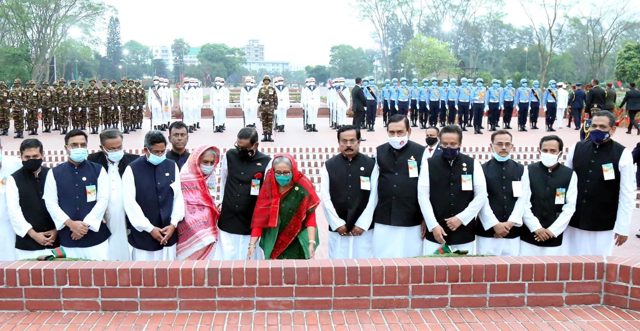 Flanked by her party leaders, Sheikh Hasina, also the President of the Awami League, paid glowing tributes to the Liberation War martyrs by placing another wreath at the National Memorial on behalf of the party.