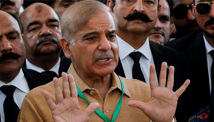 Leader of the opposition Mian Muhammad Shehbaz Sherif, brother of former Prime Minister Nawaz Sharif, gestures as he speaks to the media at the Supreme Court of Pakistan in Islamabad on April 7, 2022 || Photo: Reuters