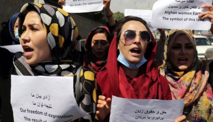 Afghan women have pushed back against the curbs imposed by the Taliban against them. Above, Afghan women take part in a protest in Kabul on May 10, 2022 || Photo: AFP