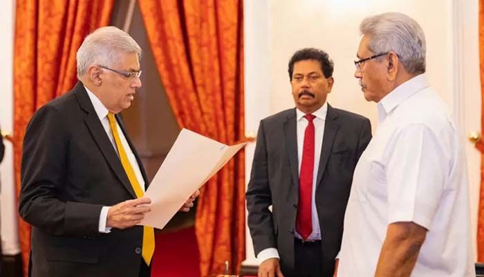 The new prime minister Ranil Wickremesinghe (L) attending his swearing in ceremony before President Gotabaya Rajapaksa (R) at the President's Palace in Colombo on May 12, 2022 || AFP Photo: Collected 