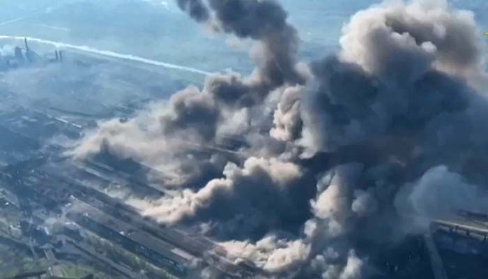 This undated video grab taken from a handout footage published on May 4, 2022 by the Interior Ministry of the self-proclaimed Donetsk People's Republic (DNR) on Telegram shows smoke billowing from Mariupol's Azovstal steel plant || AFP: Collected 