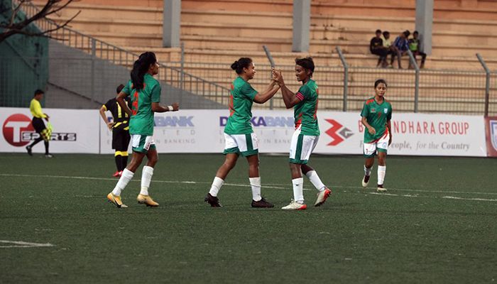 ﻿Bangladesh women's football team's goal celebration || Photo: BFF