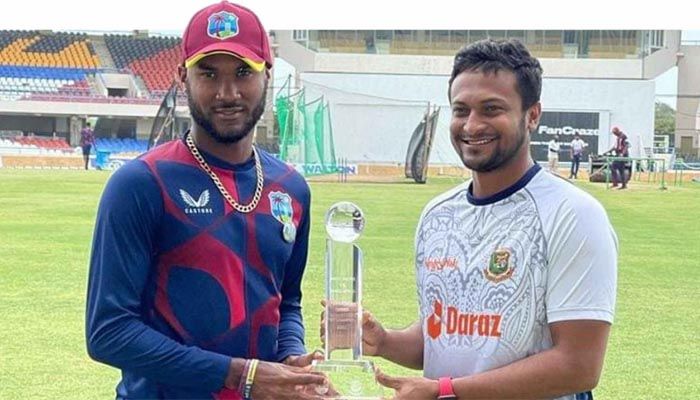 Bangladesh's Test skipper Shakib Al Hasan with his West Indies Opponent Kraigg Brathwaite || Photo: Collected 