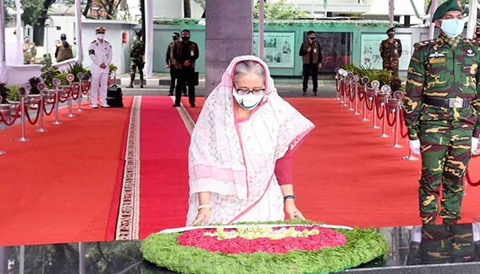 ﻿Prime Minister Sheikh Hasina  paid homage to Bangabandhu by placing a wreath at the portrait of the Father of the Nation at Bangabandhu Memorial Museum at Dhanmondi-32 || Photo: Collected 