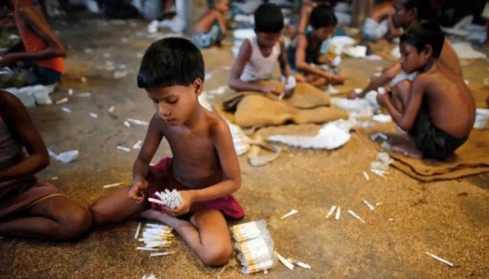 Children fill up empty cigarettes manually with locally grown tobacco in a small bidi (cigarette) factory at Haragach in Rangpur on July 11, 2013 || Reuters Photo