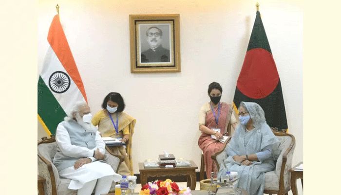 Indian Prime Minister Narendra Modi in talks with his Bangladeshi counterpart Sheikh Hasina at the Prime Minister's Office in Dhaka on March 27, 2021 || PID Photo: Collected 