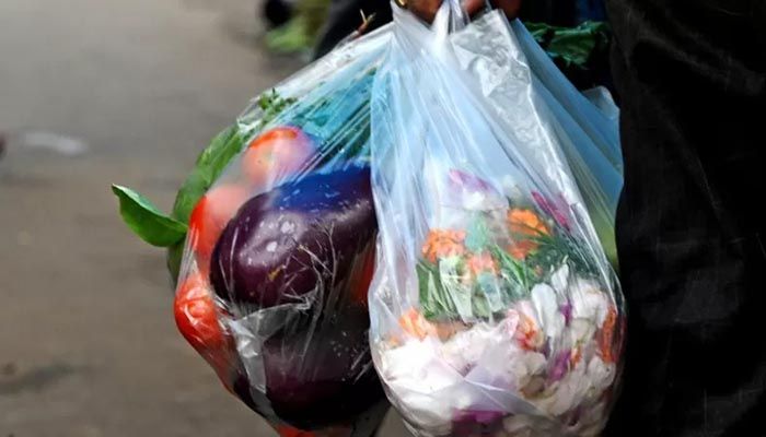 A man carries flowers and vegetables in single-use plastic bags at a local market in Kolkata on July 1, 2022 || AFP Photo