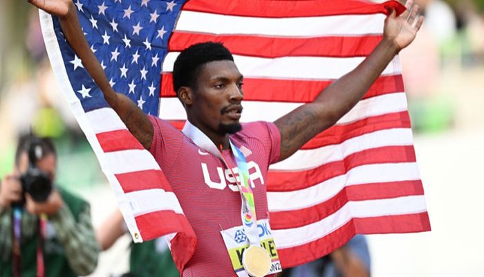 Gold medallist USA's Fred Kerley celebrates after crossing the finish line in first place in the men's 100m final during the World Athletics Championships at Hayward Field in Eugene. || Photo: AFP  