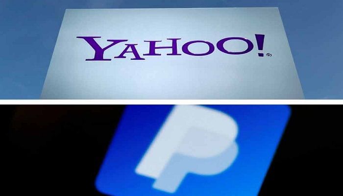 A Yahoo! signs (left) sits out front of their headquarters in Sunnyvale, California, Feb 1, 2008. The PayPal logo is seen on a smartphone in this illustration taken Sept 8, 2021.REUTERS