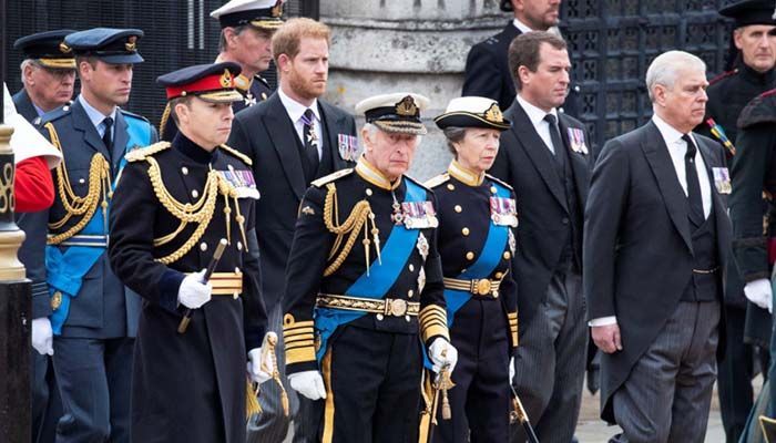 King Charles III and other members of the family behind the carriage carrying the Queen's coffin at Westminster Abbey || Photo: Reuters.