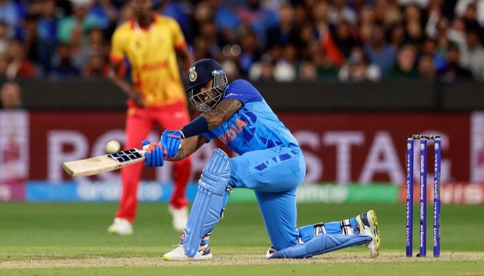 India's Suryakumar Yadav plays a shot during the ICC men's Twenty20 World Cup 2022 cricket match between India and Zimbabwe at Melbourne Cricket Ground (MCG) on November 6, 2022 in Melbourne. || Photo: AFP