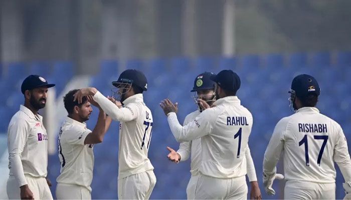 India’s cricketers celebrate after the dismissal of the Bangladesh’s Ebadot Hossain during the third day of the first cricket Test match between Bangladesh and India at the Zahur Ahmed Chowdhury Stadium in Chittagong on December 16, 2022 || AFP Photo
