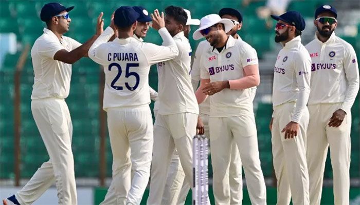 India’s players celebrate the dismissal of Bangladesh's Mehidy Hasan Miraz during the fifth day of the first cricket Test match between Bangladesh and India at the Zahur Ahmed Chowdhury Stadium in Chittagong on December 18, 2022. || AFP Photo: Collected  