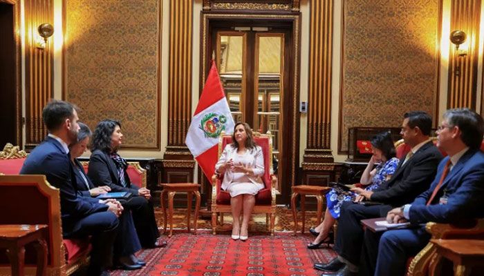 Handout picture distributed by the Peruvian Presidency press of President Dina Boluarte (C) during a meeting with representatives of the Inter-American Commission on Human Rights (IACHR), at her offices in the Palace of Government in Lima on December 20, 2022 || AFP Photo: Collected  